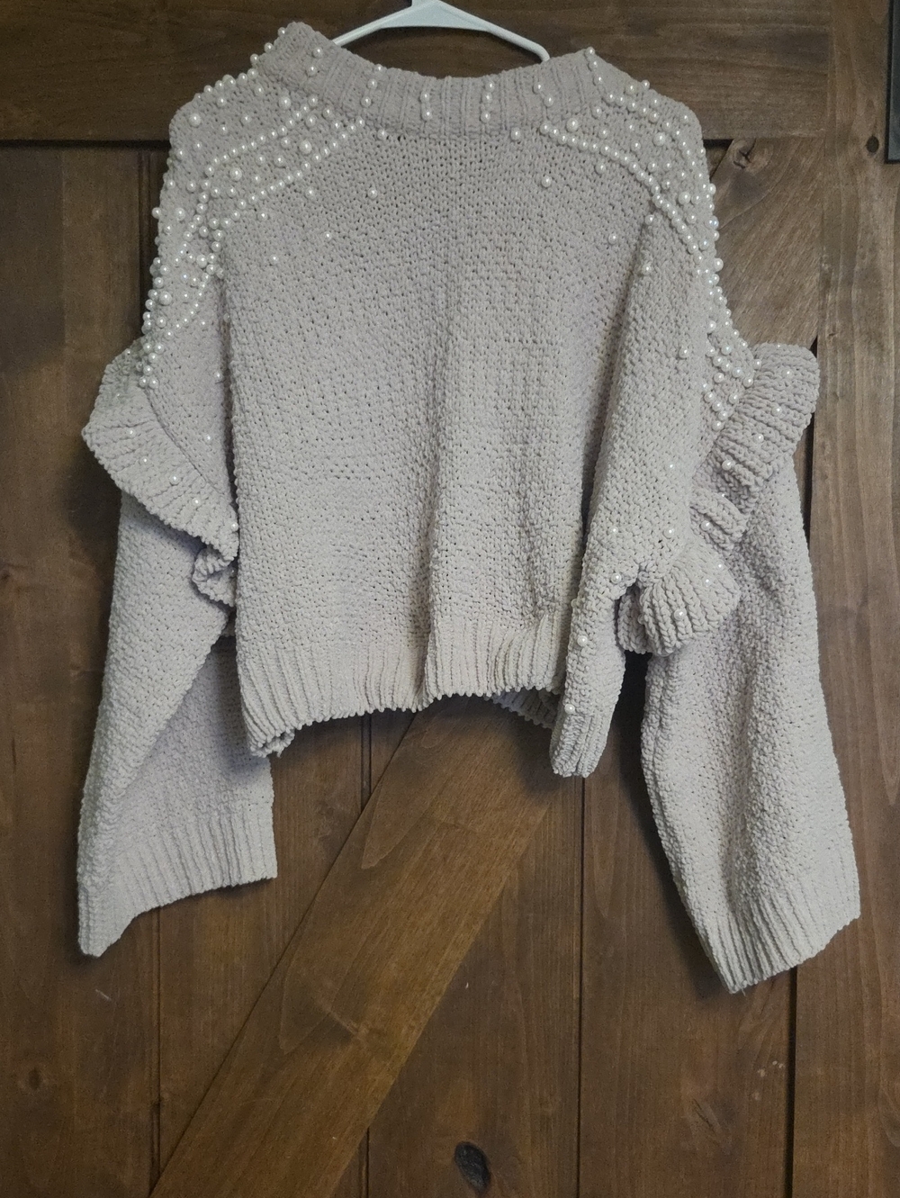 POL Pearl-Embellished Cream Crewneck Sweater